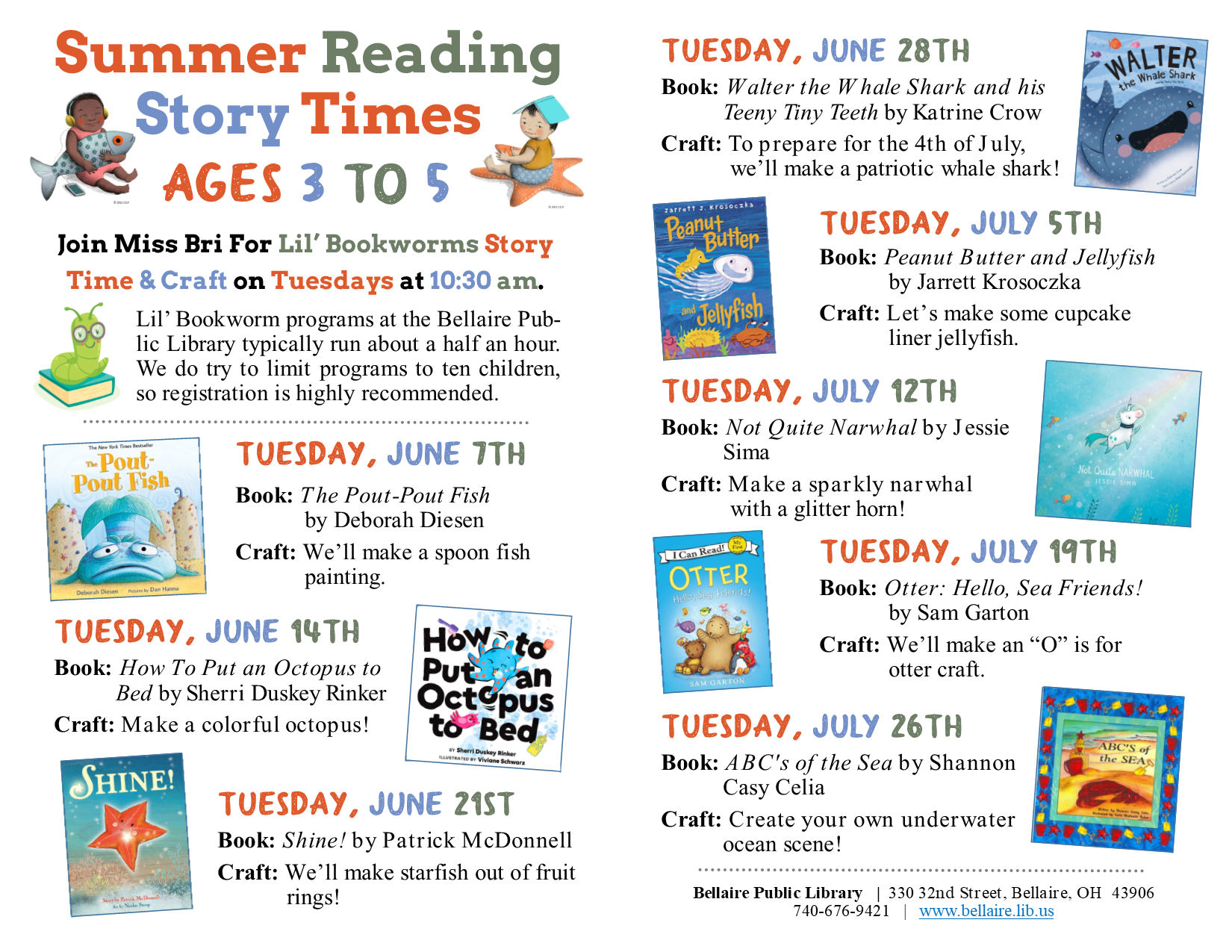 Summer 2022 BPL Lil' Bookworms Story Time Schedule