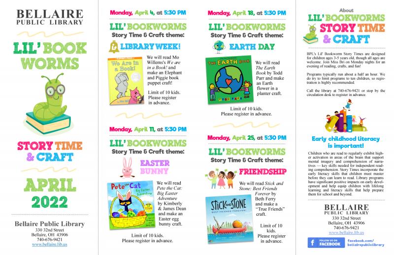 April 2022 BPL Lil' Bookworms Story Time Schedule